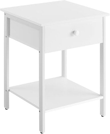 VASAGLE Tavolino, Comodino, con Cassetto e Ripiano, 40 x 40 x 55 cm, per Camera da Letto Soggiorno Salotto, Struttura in Metallo, Montaggio Facile, Bianco Opaco LET055W14