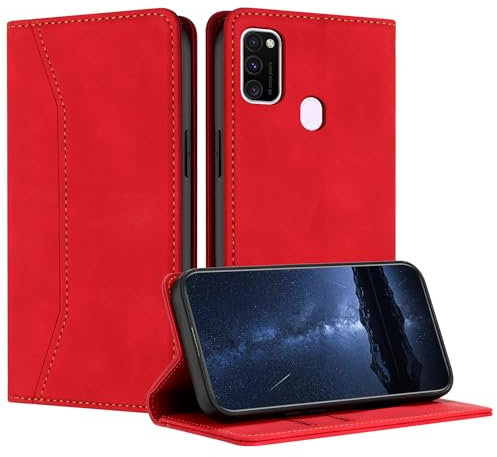 Mo-Beauty Hülle Kompatibel mit Samsung Galaxy M30S / M21, Handyhülle Samsung M30S / M21, Galaxy M30S / M21 Hülle, PU Leder Flip Wallet Klappbare Schutzhülle Magnet Ledertasche Klapphülle Case (Rot)