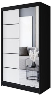 Easy4You P3 120 cm Schwarz/Weiß Schiebetüren Kleiderschrank 120x200x58 cm mit Spiegel - Schlafzimmermöbel, Aufbewahrung - Mehrzweckschrank
