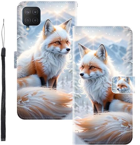 WUACYEAMING für Samsung Galaxy M12 Hülle Premium PU Leder Flip Klappbare Stoßfeste Magnetische Schutzhülle Tasche mit Kartenfach Geld Slot Ständer Fuchs