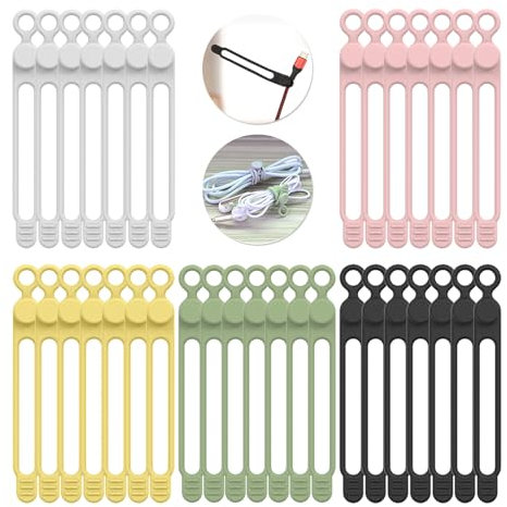 UMUST 35pcs Silicone Cable Ties,Reusable Cable Management Organizer, Wire Ties，Travel Cord Ties，Cord Organizer for Bundling Cable Cords in Home,Office,Kitchen,School(5 Colors)