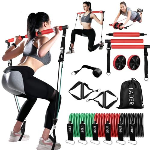 LADER Pilates Bar Kit mit Widerstandsbändern, Fitnessstange mit Bauchmuskeltraining Verstellbare 3-teilige Pilatesstange Tragbare Yoga Pilates Bar für Frauen & Männer Home Gym Yoga Pilates (Rot)