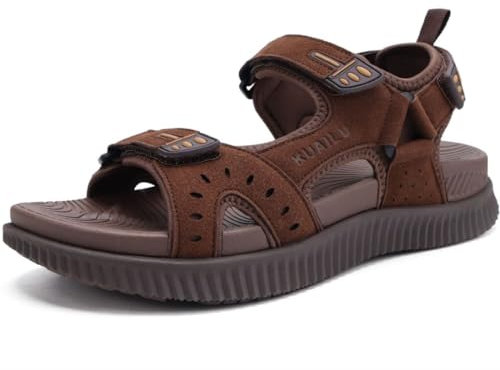 KuaiLu Mens Leather Hiking Sandals with Arch Support Orthopedic Sport Recovery Athletic Walking Sandals For Man Outdoor Summer Casual Thick Cushion Beach Water Fisherman Sandal, size 9 Brown