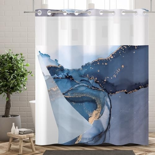 Ttincceer Bleu Rideau de Douche sans Crochet avec Doublure encliquetable Bleu foncé Gris Encre marbre Pas de Crochet Rideaux de Douche Double Couche Rideau de Salle de Bain étanche 180x180cm