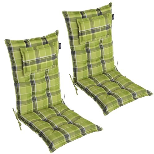 LILENO HOME Gartenstuhl Auflagen als [2er Set - Hochlehner] in Karo Grün - Bequeme Liegen als Sitzauflagen für Gartenmöbel - Stuhlkissen für Gartenstühle und Klappstühle MAR