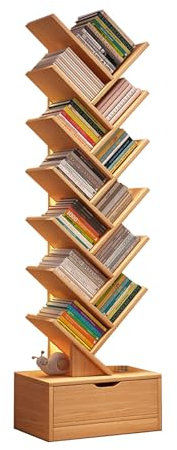 Albero per Libri con Cassetto in Legno,Libreria ad Albero, Libreria Verticale, Moderno Contenitore per Libri, Scaffale per libri Autoportante, Ripiani Organizer per Casa, Ufficio, Soggiorno, Camera da