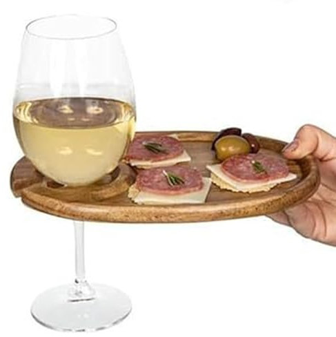 Cocktail Plate with Glass Holder, Wine Appetizer Plate - Wooden Charcuterie Serving Plate Board | Charcuterie Boards Plates for Appetizers, Snacks, Wine and Cheese