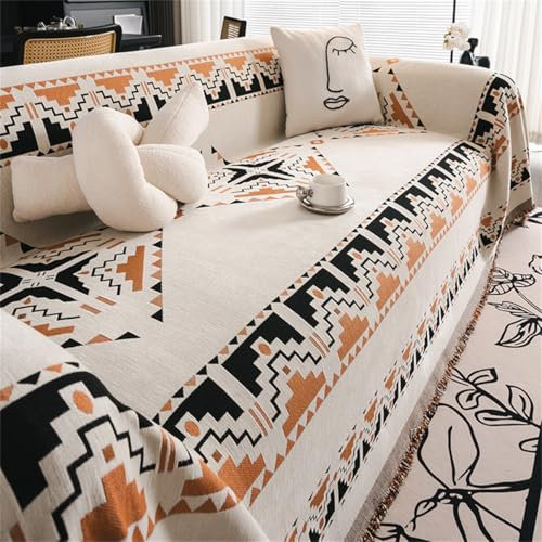 Chenille Sofadecke Boho Stil Queen Size Sofadecke Geometrisch Bohemian Stil Quaste Steppdecke Sesselbezug Bettdecke 1 2 3 4 Sitzer Sofaüberwurf Kratzfester Sofabezug (Schwarz Orange,180x150 cm)