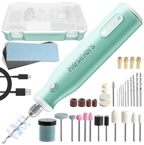 Resiners Akku Rotationswerkzeug Set, Harzbohr Polier Set, 5 stufig einstellbar, 54 teiliges elektrisches Schmuckherstellungs Set zum Bohren, Polieren, Schleifen und Schleifen von DIY Handwerken