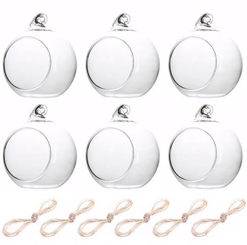 6pcs Hängende Teelichter Kerzenhalter 3,2 Zoll Hängende Glaskugel für LED -Kerzen, DIY Hanging Tea Lights Kerzenhalter mit Seil für Xmax Tree Deckenwanddekoration
