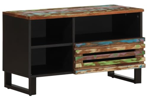 Tidyard Meuble TV 80x34x46 cm Bois d'acacia Massif, Banc TV avec Compartiments de Stockage, Support de Télévision pour Salon, Chambre Style D