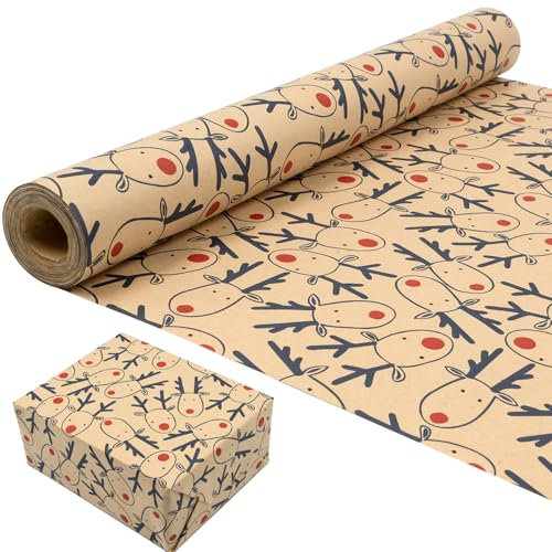 Rouleau de papier d'emballage cadeau de Noël: papier kraft Design Blue Elk Festival recyclable 43cm x 15m