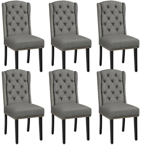 Yaheetech Lot de 6 Chaises de Salle à Manger en Tissu Effet Lin Design Classique Boutonné Ensemble de Chaises de Cuisine Rembourrées avec Pieds en Bois Massif Garniture Clou Dorés Gris Clair