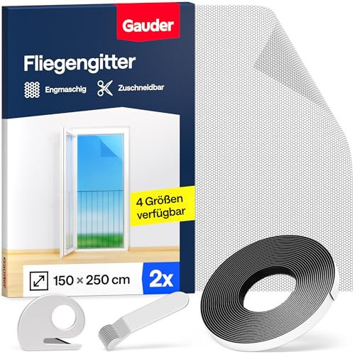 GAUDER Fliegengitter für bodentiefe Fenster (2 Stück | 150 x 250 cm | schwarz) aus Polyester | Insektenschutz und Fliegennetz ohne Bohren | Mückennetz | Fliegengitter Fenster & Tür