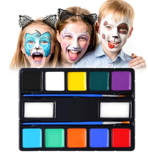 LOPHE Kit de Pintura Facial, 14 Piezas de Paleta de Pintura Corporal, 10 Colores de Pintura Facial a Base de Agua No Tóxica con 2 Pinceles y 2 Esponjas, Perfecto para Halloween, Navidad, Cosplay