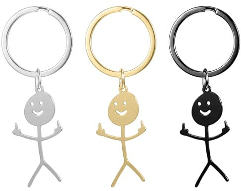 Nogeqi Lot De 3 Porte Clef Doigt d'Honneur Couple, Doigt d Honneur Drole Porte Clé Fuck, Porte-Clés Cadeaux Amusants, Porte Cle Marrant Amusant Stickman Pour un Bon Ami Argenté Doré et Noir