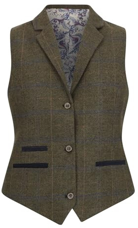 TruClothing Women's Olive Green Wool Blend Tweed Herringbone Checkered Waistcoat - Olive 18