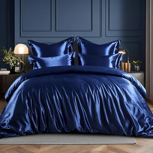RUIKASI Satin Bettwäsche 200x200 Blau - Seidig Bettbezug mit Glanz wie Seiden Bettwäsche Set Dunkelblau für Haar und Haut, Glänzend Bettwäsche 200x200cm mit Reißverschluss und Kissenbezug 80x80cm