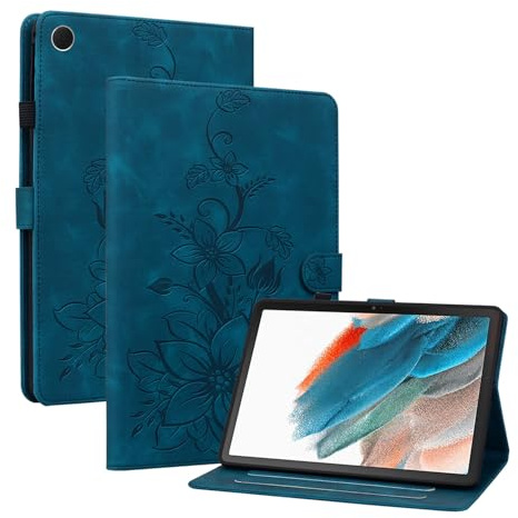 Rosbtib Coque pour Samsung Galaxy Tab A8 2021 SM-X200/X205 10.5 Pouces, Multi-Angles de Visualisation Housse de Protection en Similicuir avec Porte-Carte Couverture Motif Lys, Bleu
