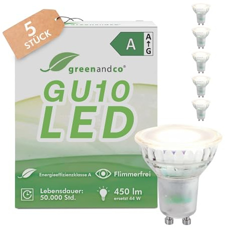 greenandco 5 Stück GU10 LED neutralweiss, 2.5W 450lm, 36° Abstrahlwinkel | GU 10 LED Leuchtmittel, 230V, 4000K, ersetzt 44W, Energieeffizienzklasse A, flimmerfrei, nicht dimmbar