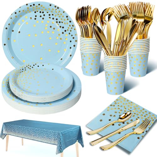 Nkaiso Paper Plates Napkins Cups Set, 141 Piece Light Blue and Gold Birthday Tableware Set for Kids - Includes Paper Plates, Cups, Napkins for Baby Shower, Wedding Party Decor Supplies - 20 Guests