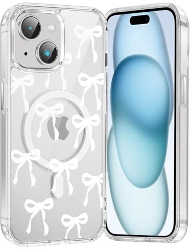 Foonary Magnetic Cover for Apple iPhone 15, Transparent Case Aesthetic Bow Tie Compatible with MagSafe Wireless Charging, Silicone Shockproof Protective Bumper Case for iPhone 15 6.1 Inches, 2