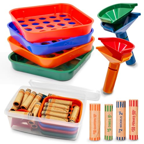 Tubo separatore per monete e vassoio separatore per monete, 4 vassoi separatori per monete con codice colore e tubi per separatori di monete, con 72 involucri preformati per monete
