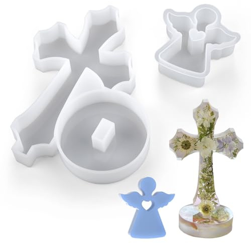 Moule Resine Epoxy, 2Pcs Croix Avec Base Moule Résine Ange Mold Silicone