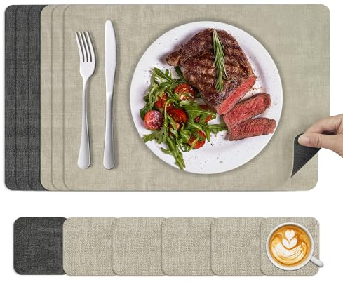 KitchenBoss Tischsets Abwaschbar Platzdeckchen und Untersetzer：6 Set Platzsets Abwaschbar rutschfest Hitzebeständig Doppelseitigen Tischset mit PVC Esszimmer 43x30cm (Beige-Dunkelgrau)