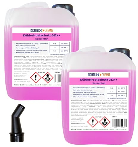 Richter Chemie Kühlerfrostschutz G12++ Konzentrat, 2 x 5 L, bis -37°C, PKW | Langzeitkühlmittel bis 5 Jahre/250.000 km, für LKW, Nutzfahrzeuge & Busse, zuverlässiger Korrosionsschutz