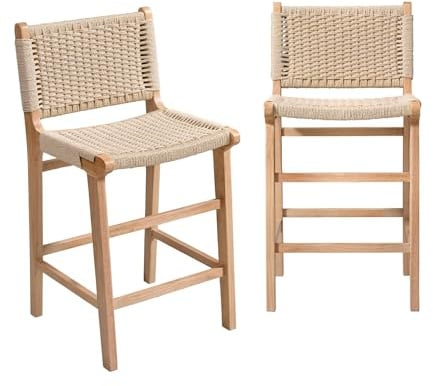 sweeek - Lot de 2 tabourets de Bar en Bois d'hévéa Naturel et Assise en Cordes Beiges
