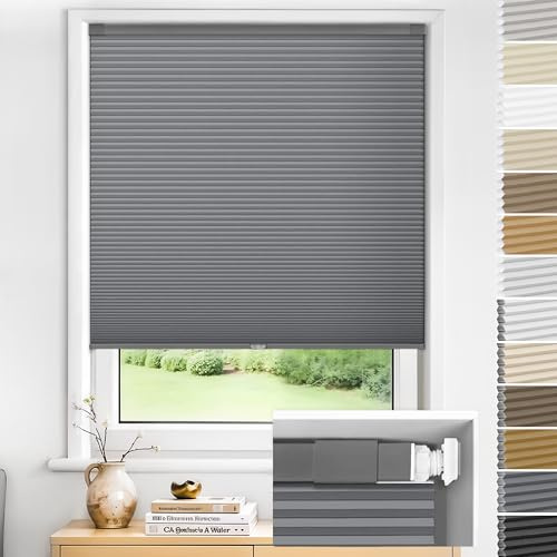 Jalousiescout QuickFit Wabenplissee nach Maß, ohne Bohren - Verdunkelung Thermo Doppelplissee Klemmfix Freihängende Plissees für Fenster & Türen, Grau, Verdunkelnd