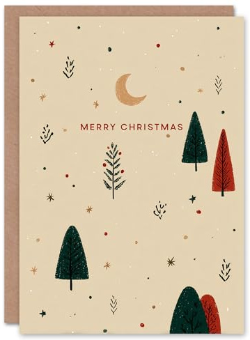Artery8 Christmas Card Crescent Moon Stars Pine Trees Minimalist Design