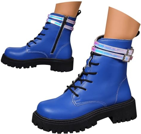 UK 6 Ankle Boots for Women Patent Leather Platform Lug Sole Combat Booties Lace up Low Block Chunky Heel Side Zipper Fall Winter Black Military Boot Shoes Stylish Footwear Gift B1_Blue