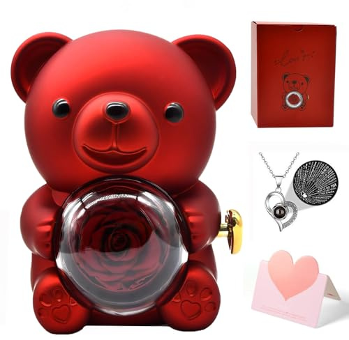 Ewige Rosen Bär Geschenkbox,Ewige Rose mit Herz Halskette,Rosenbox Konservierter Echte Rose Box mit Versteckte Schmuckkästchen für Mama Freundin Valentinstag Muttertag Geburtstagsgeschenk (Rot)