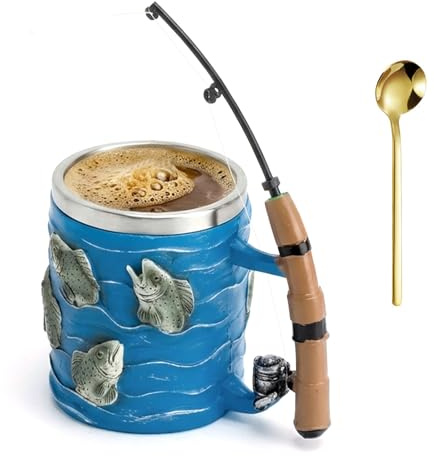 XRVRILE Angelbecher mit Angelruten- und Rollen-Design, Keramik-Kaffeebecher, Geschenk für Fischer, Papa, Angler