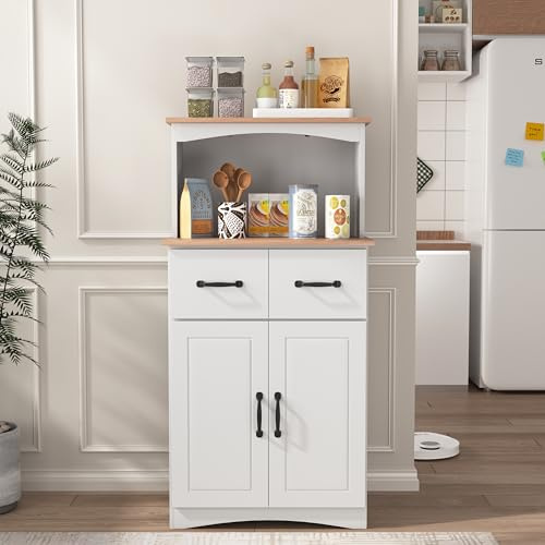 GDFStudio Wooden Kitchen Pantry Cabinet with Microwave Stand & Storage Drawer, Modern MDF Storage Cabinet with Adjustable Shelf, 2 Doors, Rectangle Home Organization Cupboard, White
