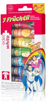 7 Früchtli Kinderzahnpasta von edelwhite – 7 Geschmacksrichtungen & Farben, bioverfügbares Fluorid, ohne künstliche Zusätze, für Kinder bis 6 Jahre, Zahnschmelz-Schutz, spielerisches Zähneputzen