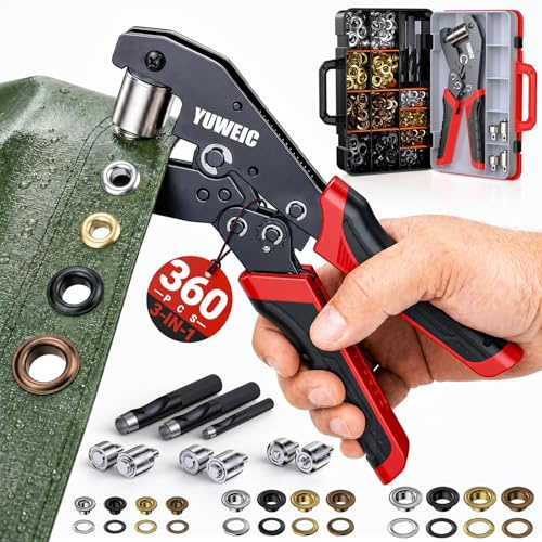 YUWEIC Ösenzange Austauschbar Zangekopf, Ösenpresse mit Aufbewahrungsbox und 360 Ösen in 4 Farben (Ø6mm, Ø10mm, Ø12mm, jeweils 4 Farben) für PVC-Banner, Planen, Gürtel, Awnings