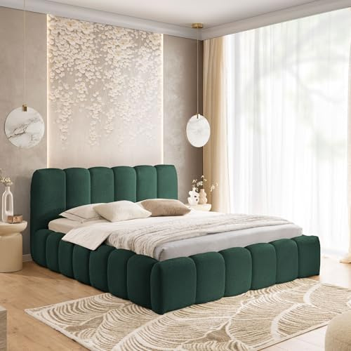 Home Collective Polsterbett Doppelbett Bubble Bett mit Stauraum viele Größen | Bettgestell mit Lattenrost weicher Bouclé Bezug mit Steppung niedriges Kopfteil | Schlafzimmer Möbel | Grün 140x200 cm