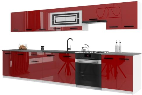 Belini Italia 3 Küchenzeile Küchenblock 320cm Rot | Küchenset als gerade Küchenzeile, weiße Korpusse, DECOR ECONATURA Material, kratzfest, ohne Elektrogeräte, mit Arbeitsplatte