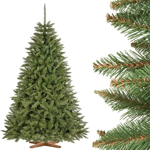 FairyTrees Weihnachtsbaum künstlich 220cm FICHTE Natur mit Christbaum Holzständer | Tannenbaum künstlich mit grünem Stamm | Made in EU