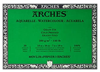 Arches Blocco Per Acquerello Incollato 4 Lati (20 Fogli) - Grana Fina - 300 G/Mq - 18X26 cm