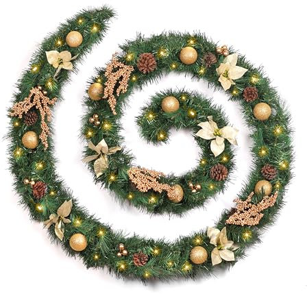 Best Artificial Cream Gold Decorated Christmas Garland with 100 Warm White LED Battery Lights (12ft Garland)
