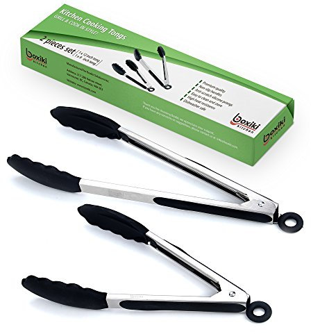 Kitchen Tongs for Cooking with Silicone Tips by Boxiki Kitchen, BPA Free Stainless Steel Set of 2 Silicone Tongs for Cooking, Grilling & Toss a Salad, Heat Resistant Grill Tongs for Serving Food.