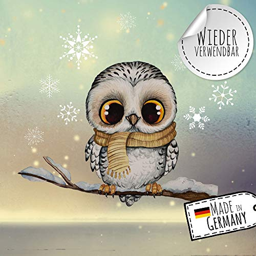 Fensterbild Weihnachtsdeko Weihnachten Eule auf Ast -wiederverwendbar- Fensterdeko Winter Fensterbilder Kinder bf115 - ausgewählte Größe: *L - Grundmaß Eule auf Ast: 26cm breit x 19cm hoch*