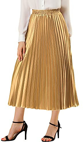 Allegra K Damen Elastische Taille Party Metallic Glänzend Akkordeon Plissee Midi Rock, Gold, Groß