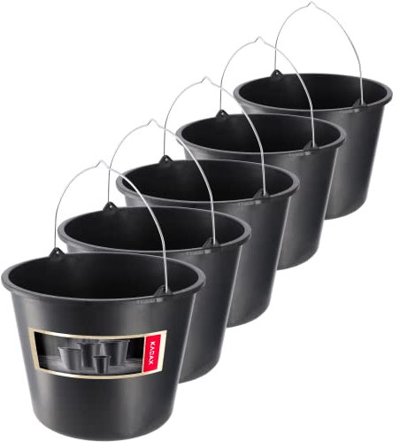 KADAX 5 Stück Baueimer, 12l, Mörteleimer aus Kunststoff, Wassereimer für Garten, Baustelle, schwarzer Eimer, Stabiler Zementeimer, Mörtelkübel, Putzeimer, Maurerkübel (5)