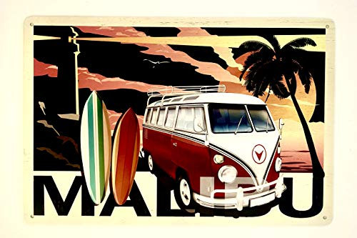 DiiliHiiri Cartel de Chapa Vintage Surf Decoración, Letrero A4 Estilo Antiguo de metálico Retro. (Malibu)