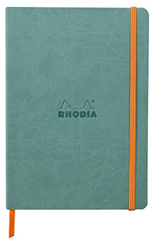 Rhodia 117377C - Notizheft Softcover Rhodiarama DIN A5 (14,8x21 cm), 80 Blatt, liniert Clairefontaine Papier Elfenbein 90g Lesezeichen, Gummizugverschluss, Cover aus Kunstleder Aquablau, 1 Stück